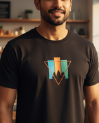 Man wearing a black t-shirt with a geometric design of trees in a room with plants.