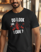 Man wearing a black t-shirt with a graphic and text in a room with shelves and windows.