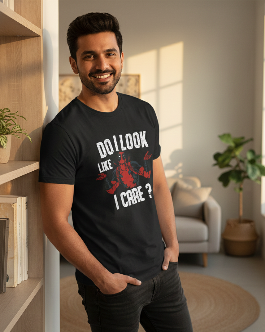 Man wearing a black t-shirt with a graphic design and text in a living room.