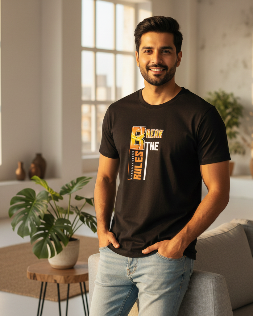 Man wearing a black t-shirt with a graphic design in a bright living room.