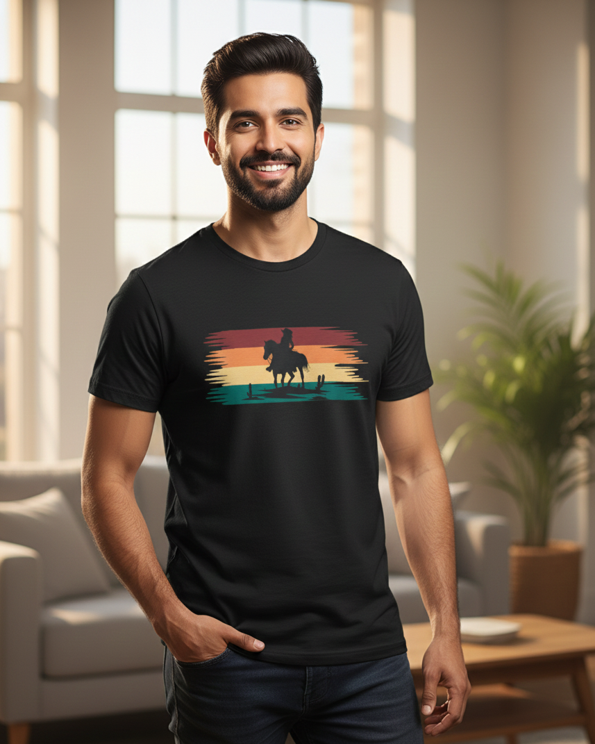 Man wearing a black t-shirt with a graphic design in a living room