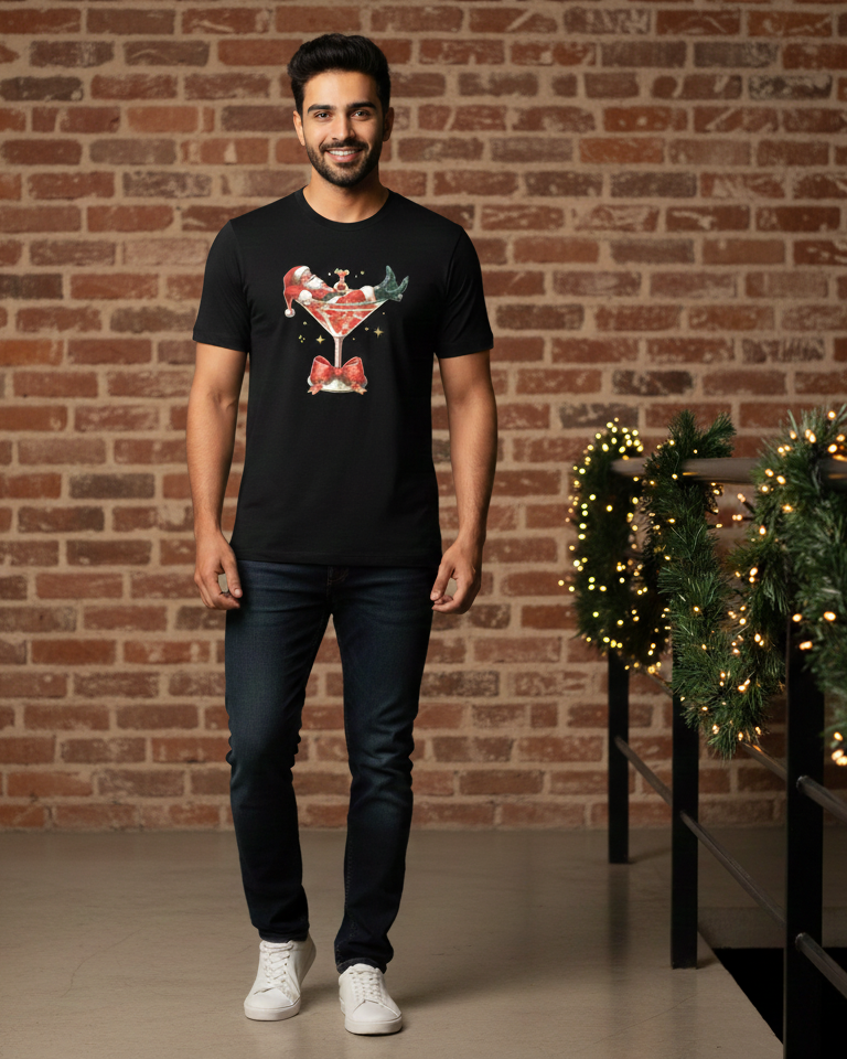 Man wearing a black t-shirt with a graphic design in front of a brick wall with decorative lights.