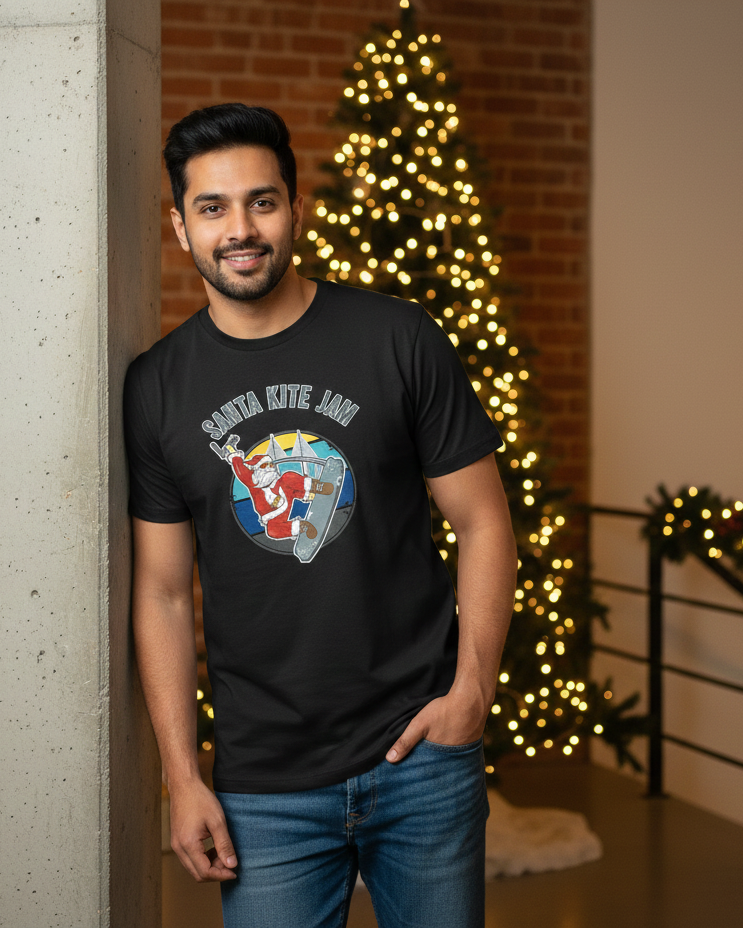 Man wearing a black t-shirt with a graphic design in front of a decorated Christmas tree.