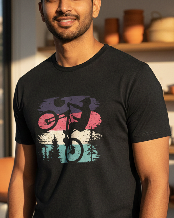 Man wearing a black t-shirt with a graphic design of a person on a bike and trees.