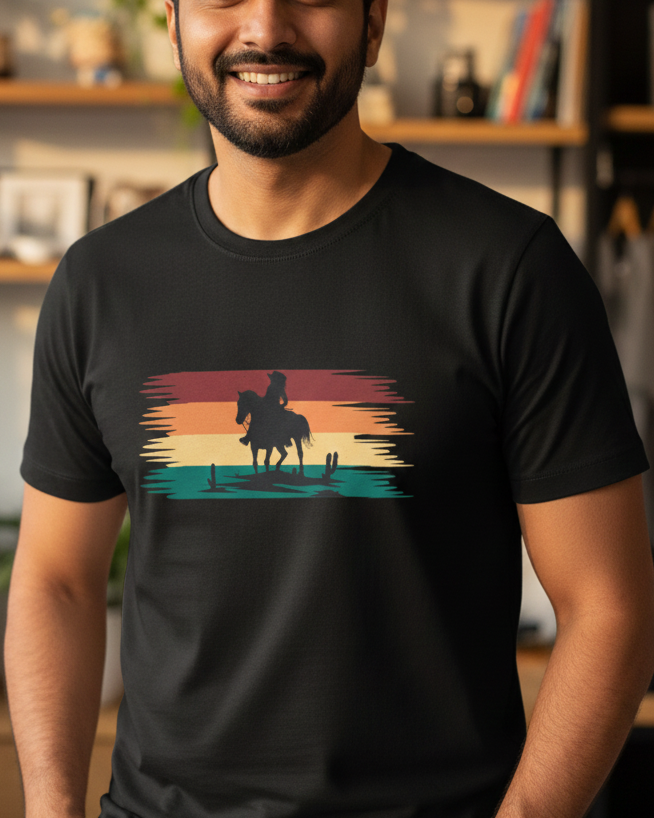 Man wearing a black t-shirt with a graphic design of a person on a horse at sunset, standing in a room with shelves and plants.