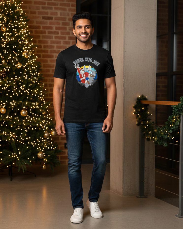 Man wearing a black t-shirt with a graphic design standing in front of a decorated Christmas tree.