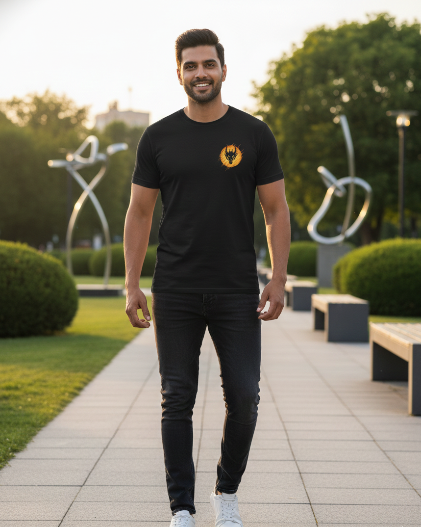 Man wearing a black t-shirt with a logo, standing outdoors on a path with greenery and sculptures in the background.