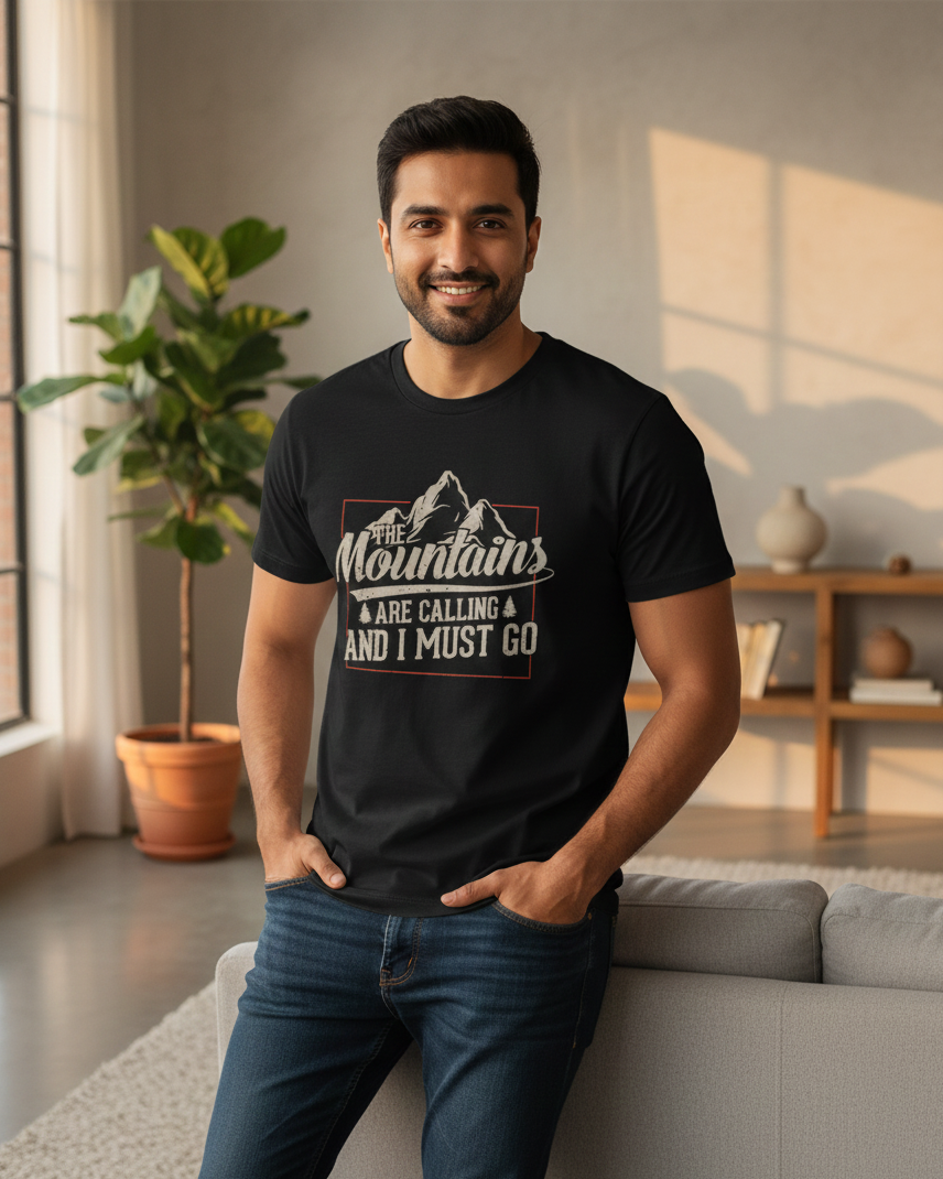 Man wearing a black t-shirt with a mountain design and text in a living room.