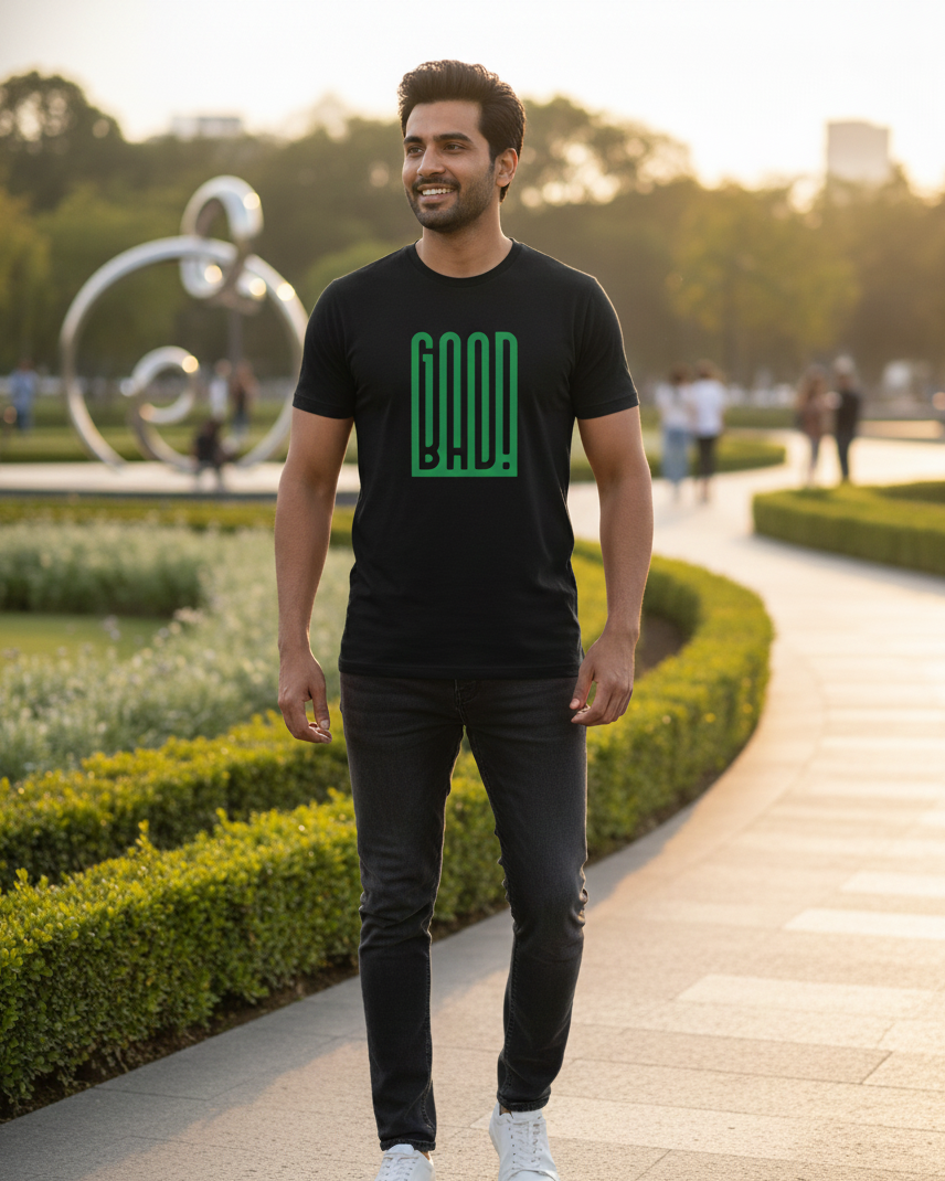 Man wearing a black t-shirt with green logo in an outdoor setting