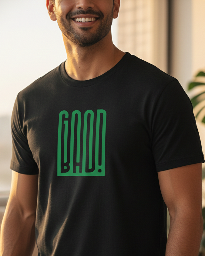 Man wearing a black t-shirt with green text in a bright indoor setting