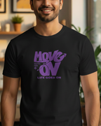 Man wearing a black t-shirt with purple text indoors