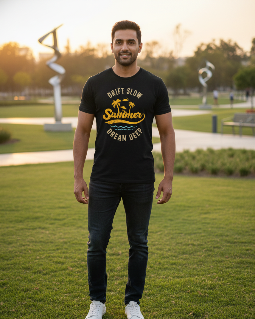 Man wearing a black t-shirt with text and graphics, standing on grass with sculptures in the background.