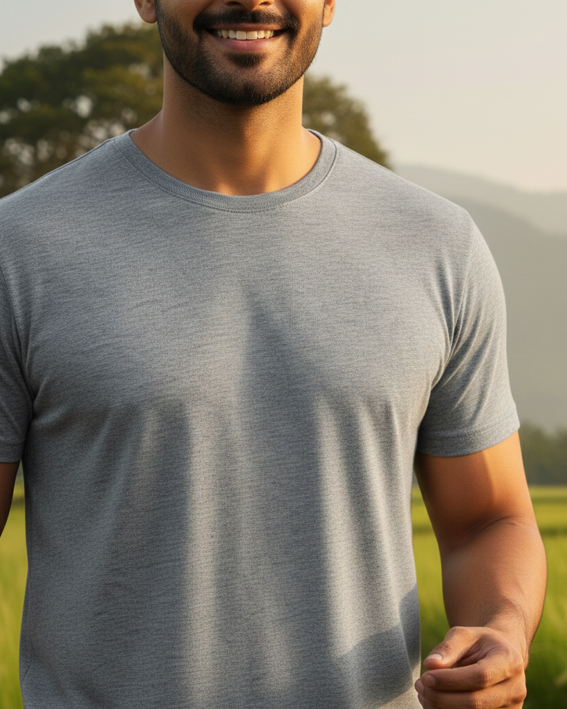 Man wearing a gray t-shirt standing in a field with mountains in the background
