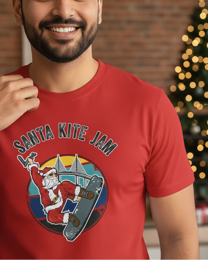 Man wearing a red 'Santa Kite Jam' t-shirt with a Christmas tree in the background.