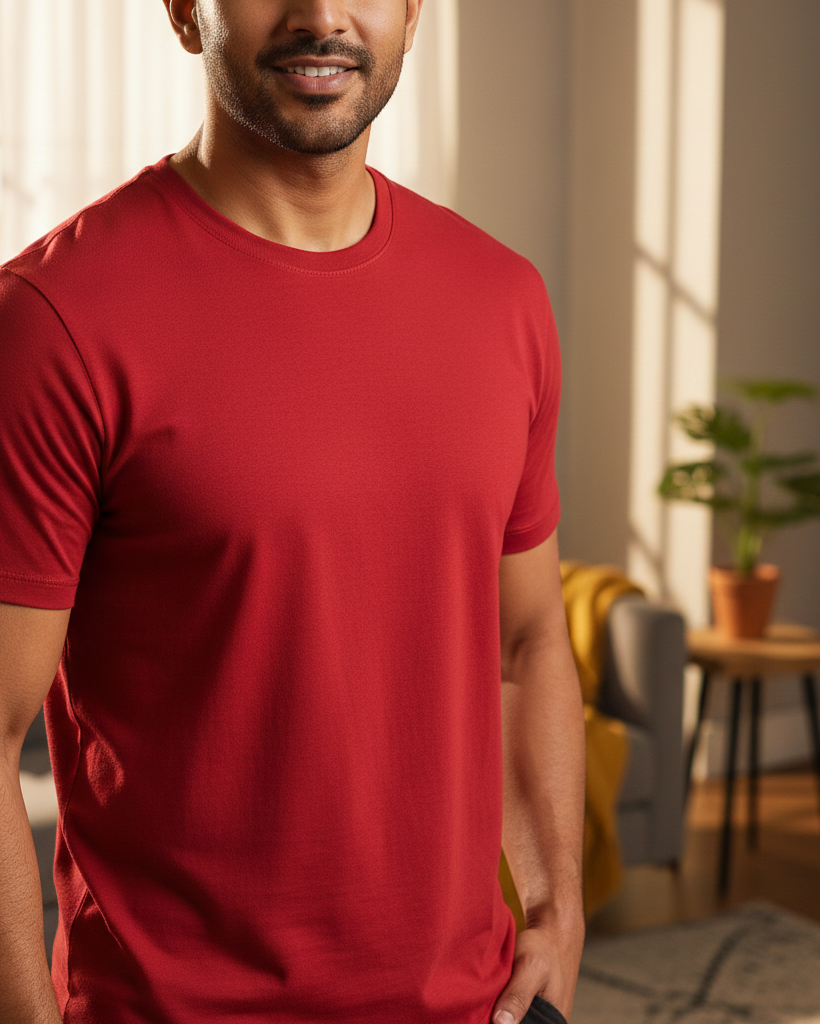 Man wearing a red t-shirt in a bright room with plants