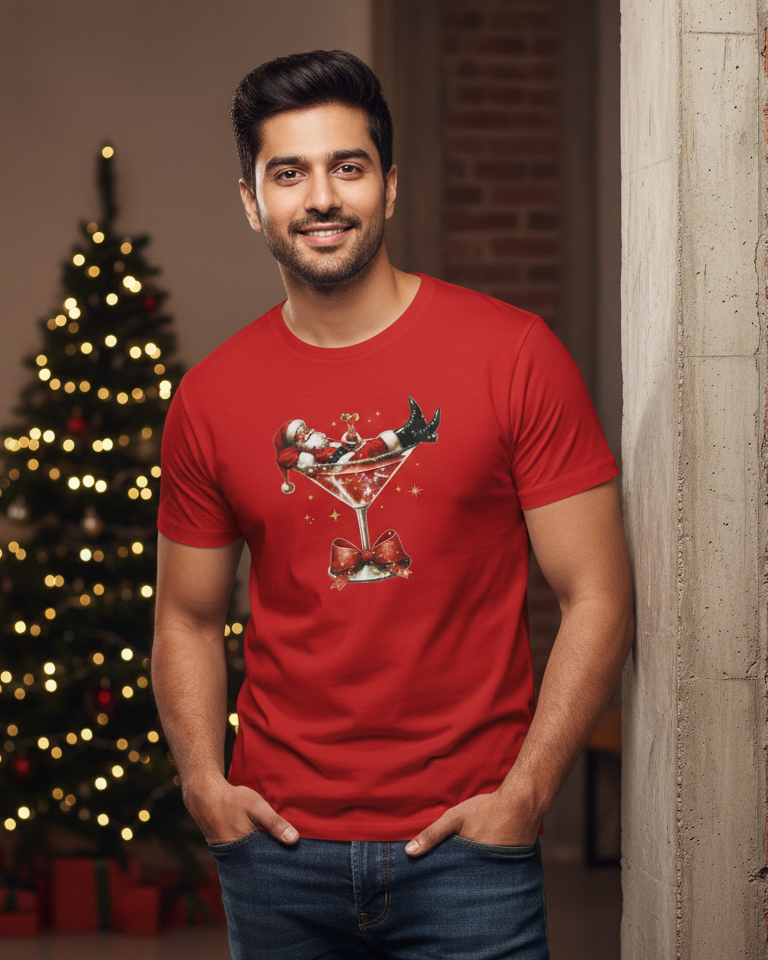 Man wearing a red t-shirt with a Christmas-themed design in front of a decorated Christmas tree.