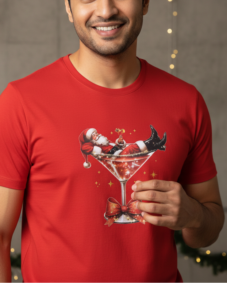 Man wearing a red t-shirt with a Christmas-themed design of Santa Claus in a martini glass, holding a glass.