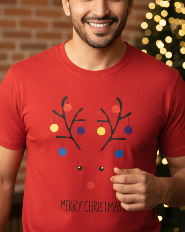 Man wearing a red t-shirt with a Christmas design in front of a decorated tree.
