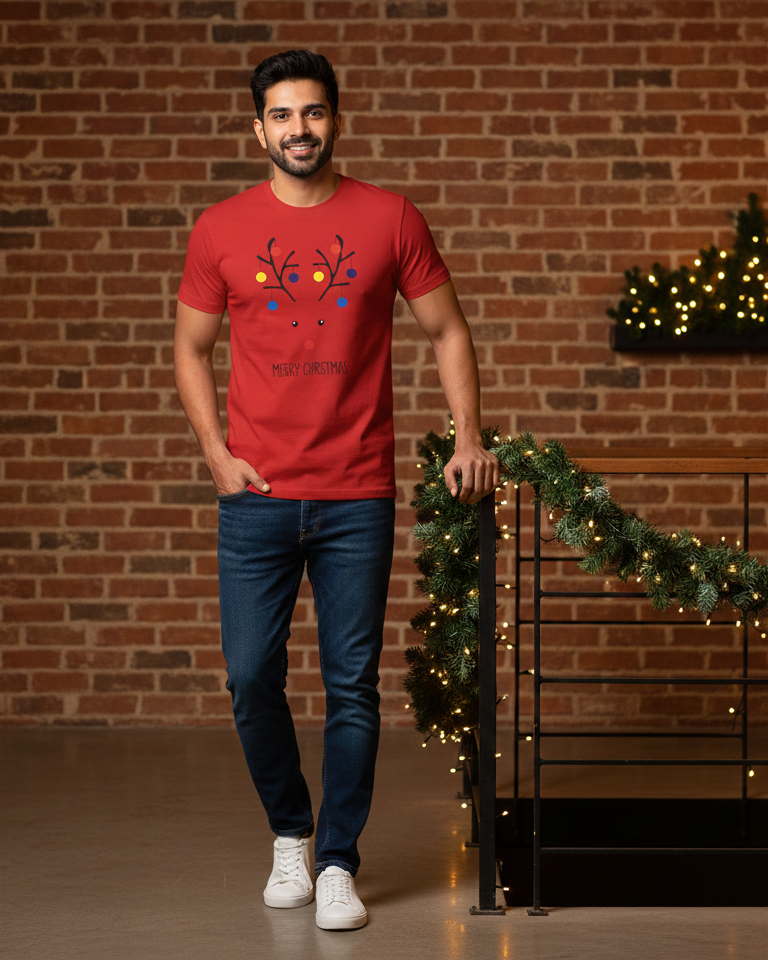 Man wearing a red t-shirt with a colorful design in front of a brick wall with Christmas decorations.