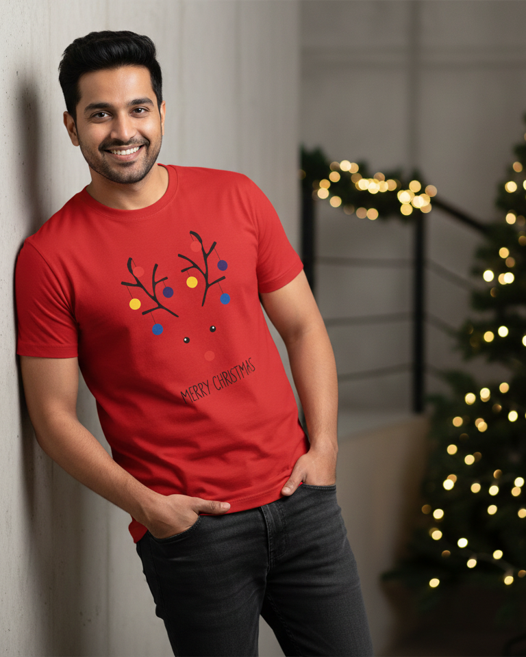 Man wearing a red t-shirt with a design, standing next to a decorated Christmas tree.