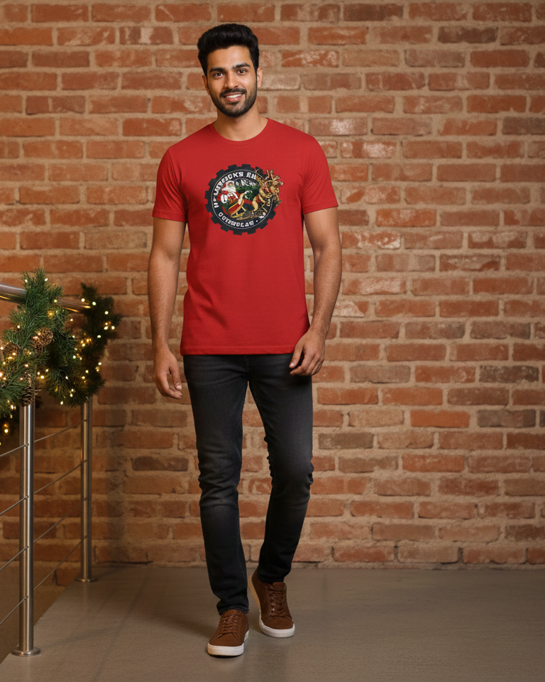 Man wearing a red t-shirt with a graphic design against a brick wall.