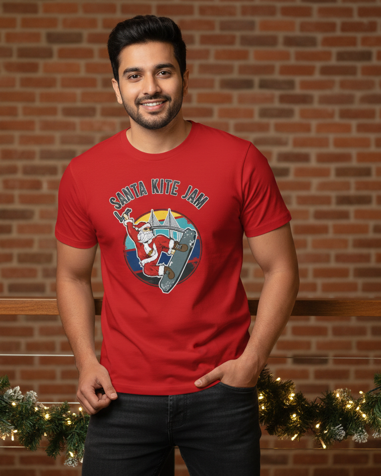 Man wearing a red t-shirt with a graphic design in front of a brick wall.