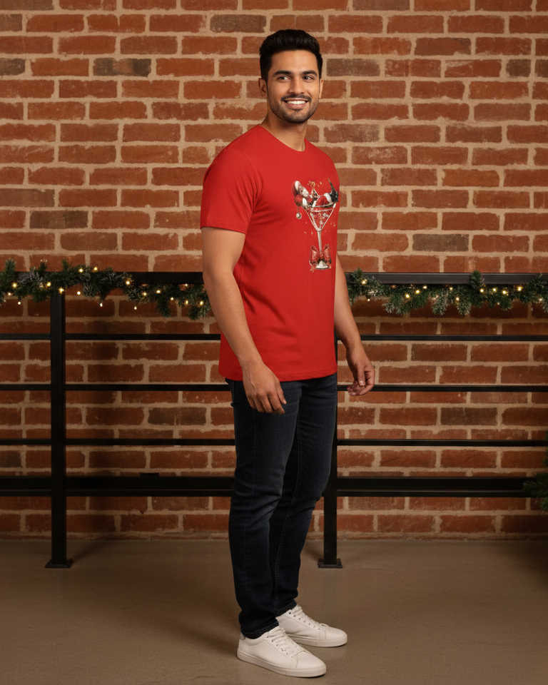 Man wearing a red t-shirt with a graphic design in front of a brick wall and Christmas tree.