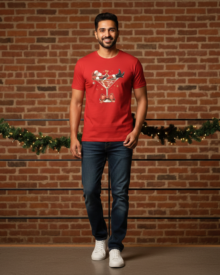 Man wearing a red t-shirt with a graphic design in front of a brick wall with festive decorations.
