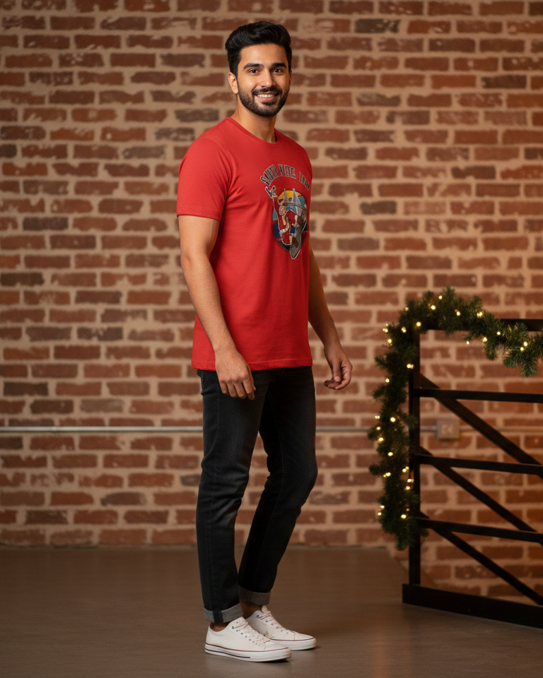 Man wearing a red t-shirt with a graphic design, standing in front of a brick wall with decorative lights.