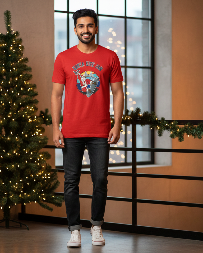 Man wearing a red t-shirt with a graphic design standing in front of a decorated Christmas tree.
