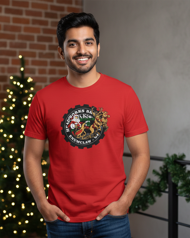 Man wearing a red t-shirt with a logo, standing in front of a decorated Christmas tree.