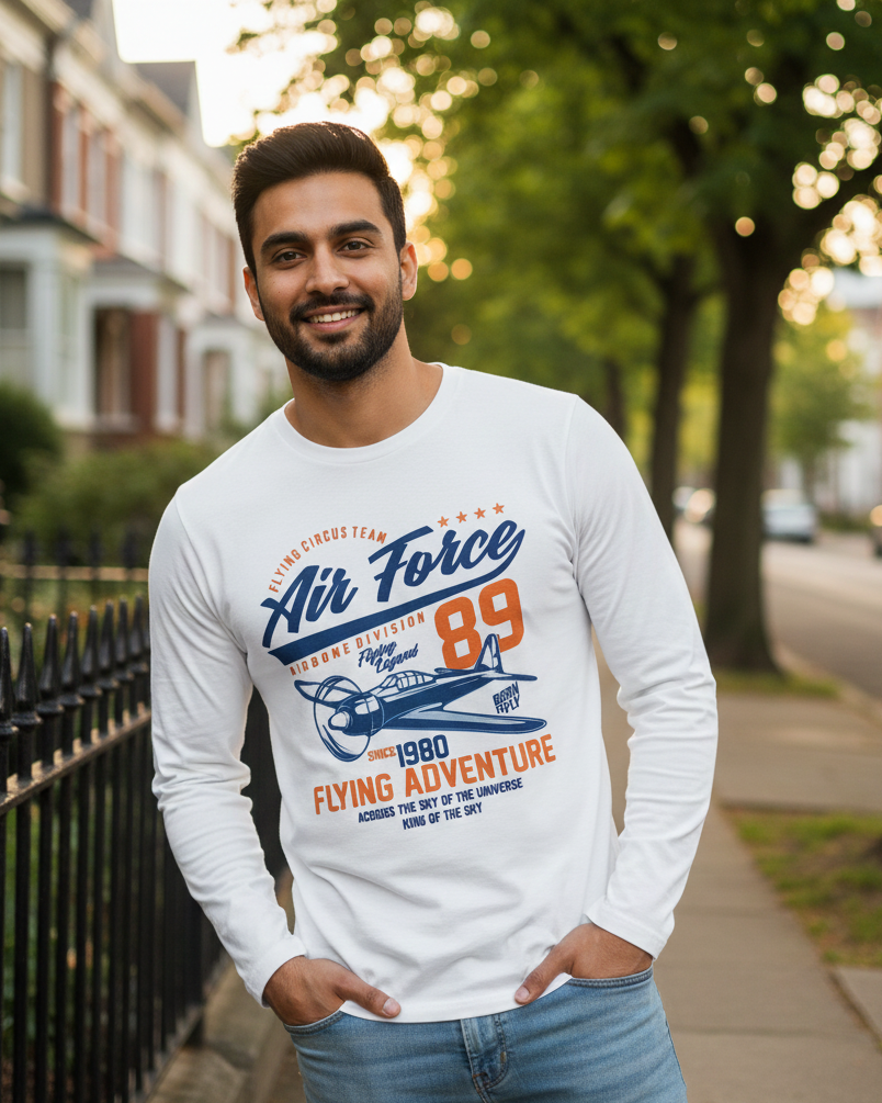 Man wearing a white long-sleeve shirt with 'Air Force' design on a sidewalk.