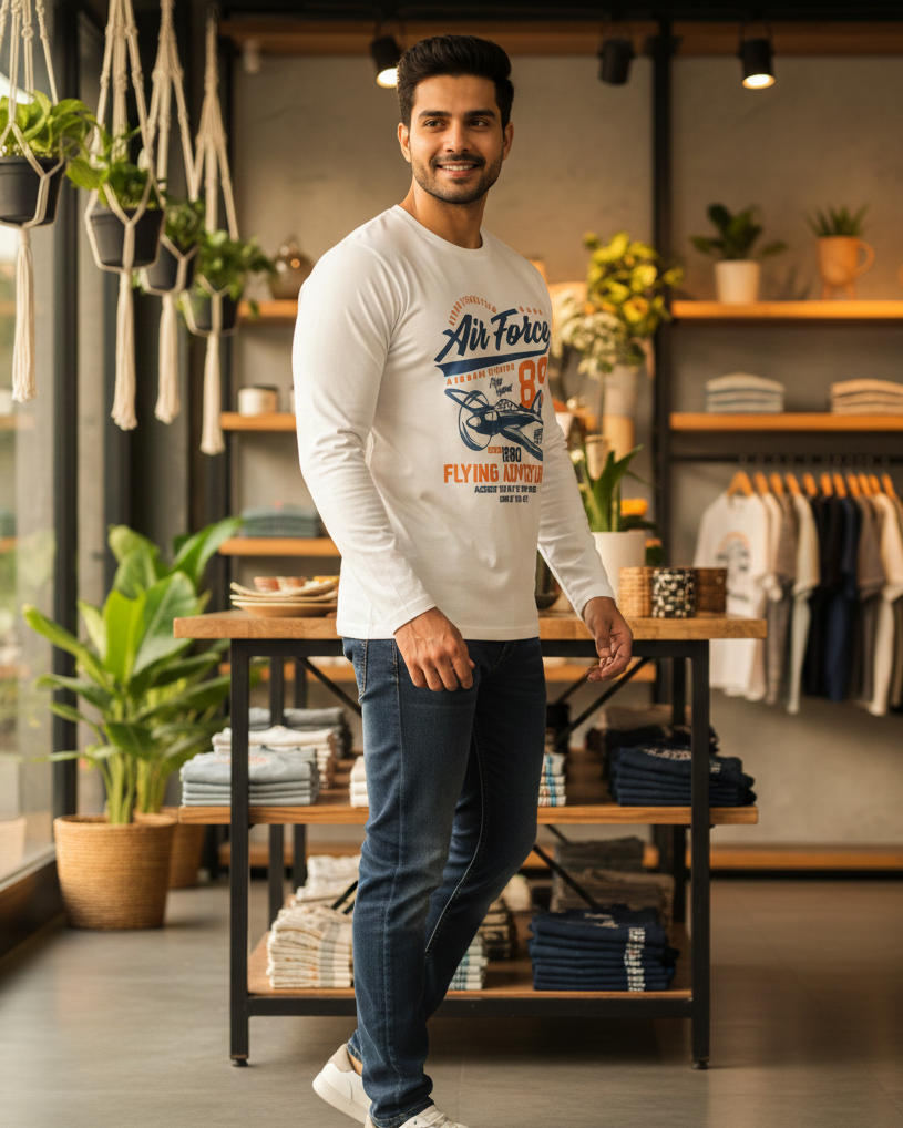 Man wearing a white long-sleeve shirt with 'Air Force' print in a store setting