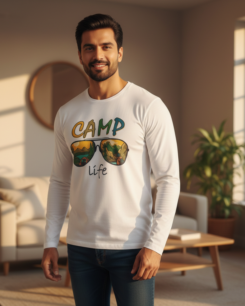 Man wearing a white long-sleeve shirt with 'Camp Life' design in a living room.