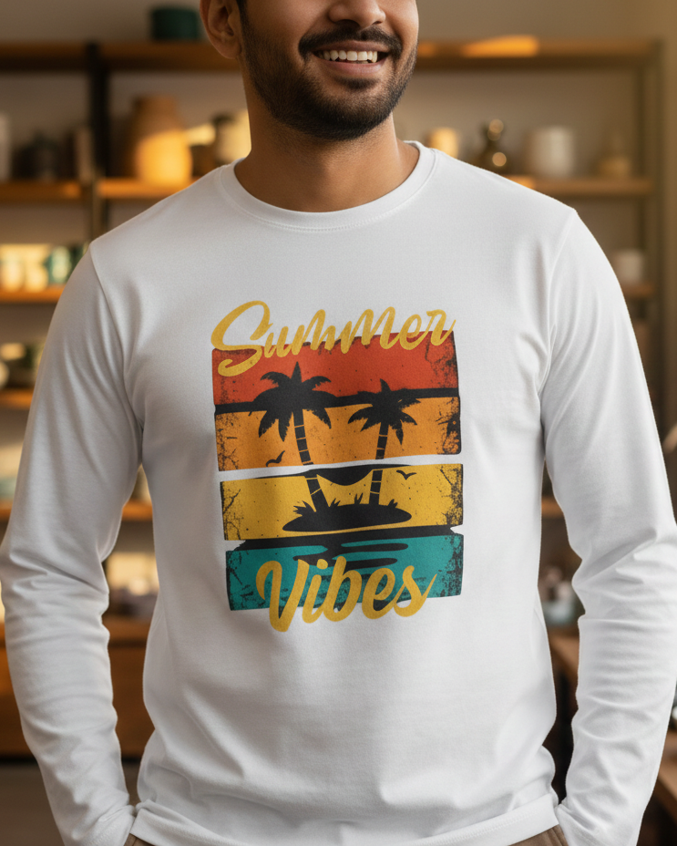 Man wearing a white long-sleeve shirt with 'Summer Vibes' graphic design in a room with shelves and decor.