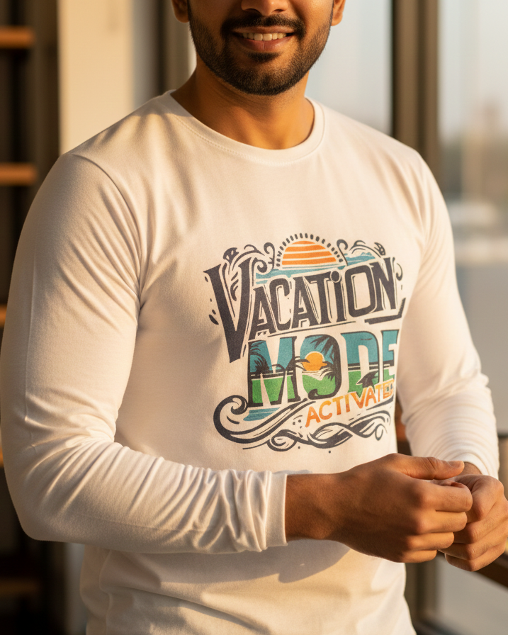 Man wearing a white long-sleeve shirt with 'Vacation Mode Activated' text in a home setting.