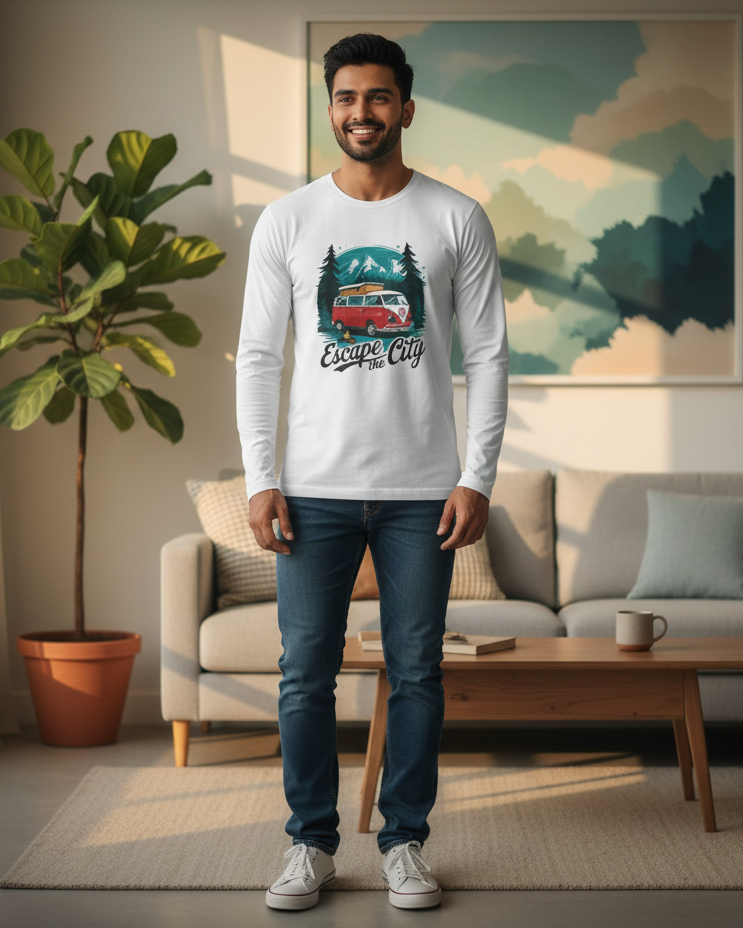 Man wearing a white long-sleeve shirt with a graphic design in a living room.