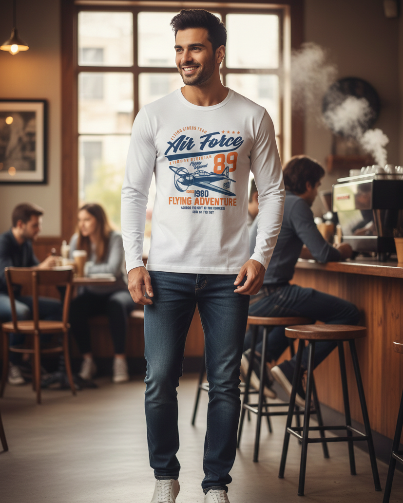 Man wearing a white long-sleeve shirt with text and graphics in a cafe setting