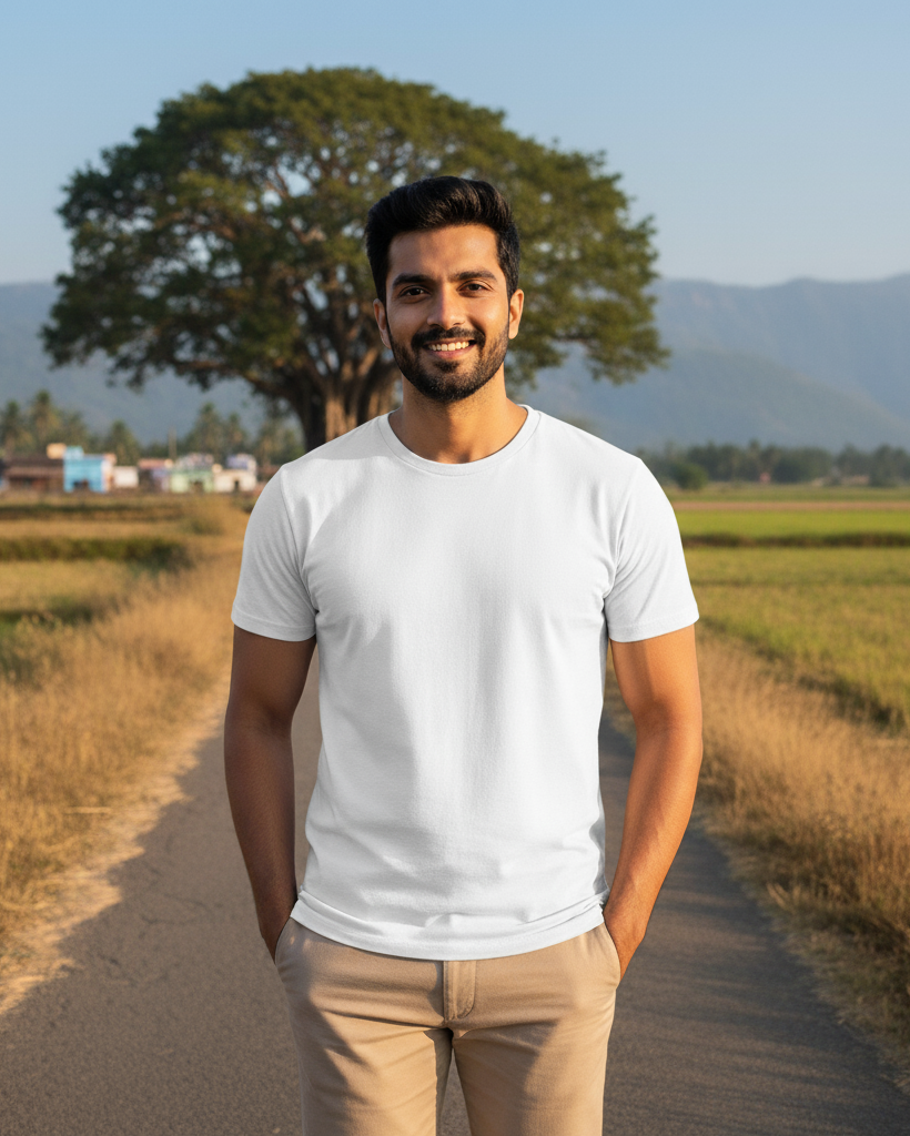 Man wearing a white t-shirt and beige pants standing on a path with green fields and hills in the background.