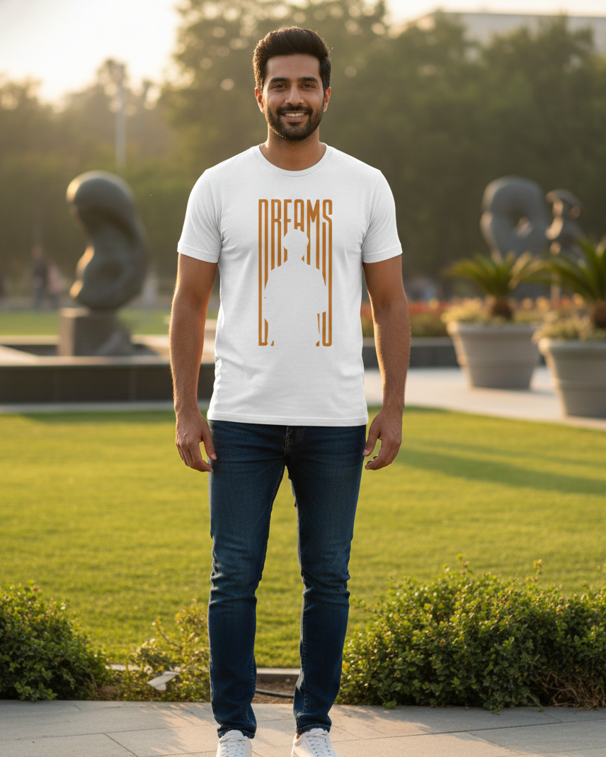 Man wearing a white t-shirt with 'Dreams' design outdoors