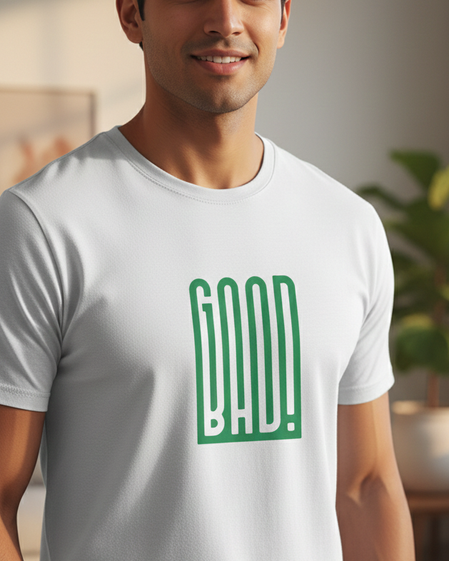 Man wearing a white t-shirt with 'GOOD BAD!' in green text, standing in a bright room.