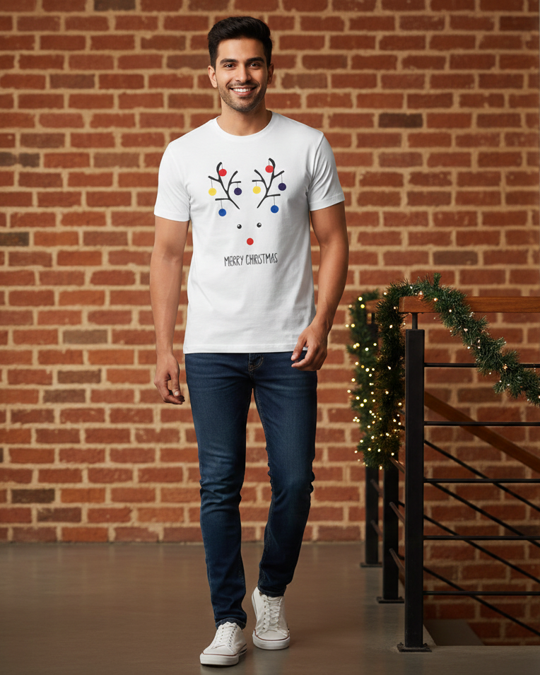 Man wearing a white t-shirt with a Christmas design in front of a brick wall.