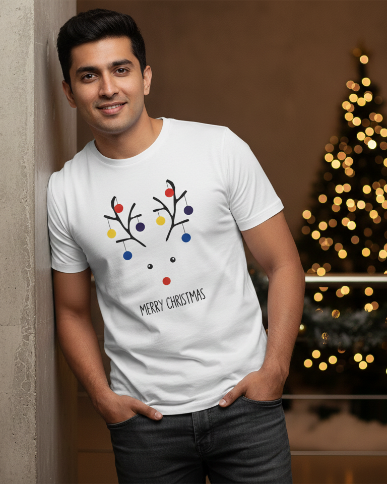 Man wearing a white t-shirt with a Christmas design in front of a decorated tree.