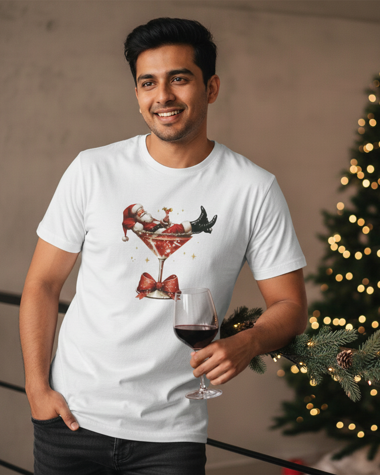 Man wearing a white t-shirt with a cocktail graphic, holding a glass of red wine, standing in front of a Christmas tree.