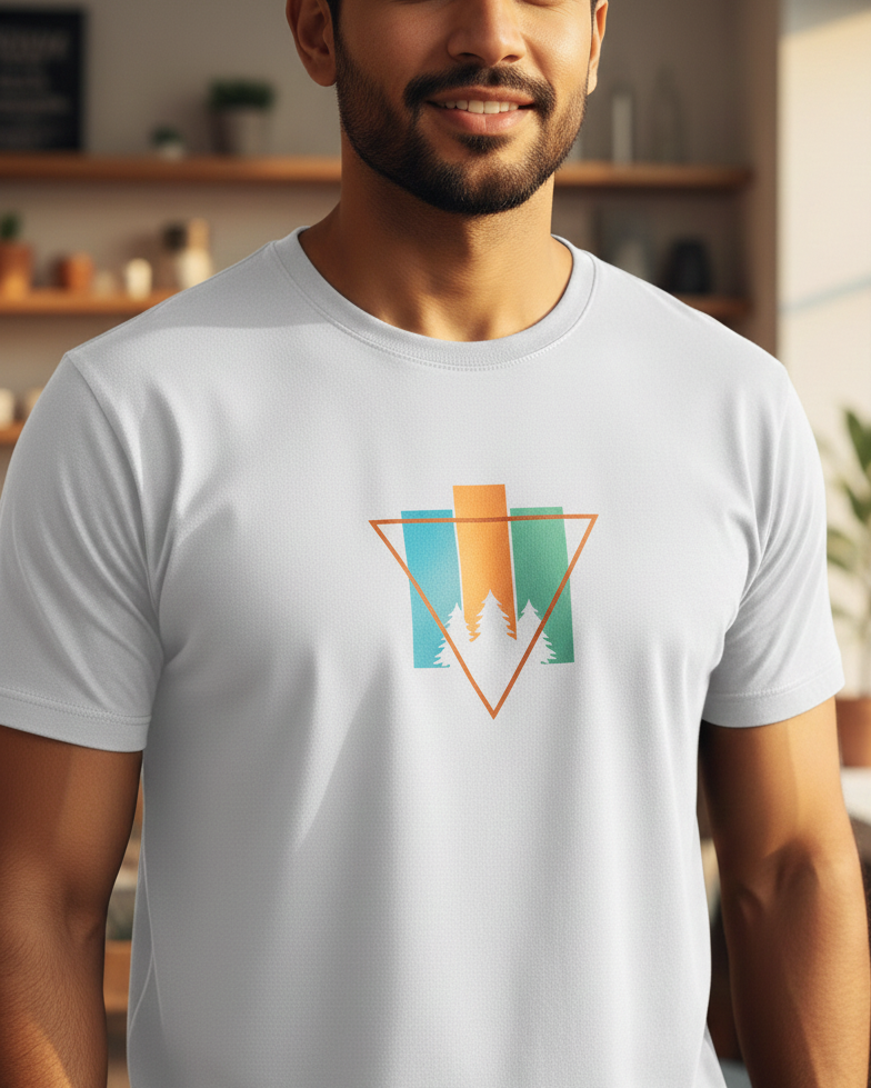 Man wearing a white t-shirt with a colorful geometric design in a casual setting.