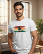 Man wearing a white t-shirt with a colorful graphic design in a living room.