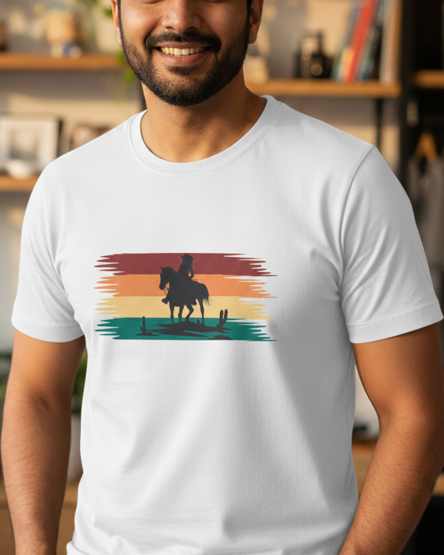 Man wearing a white t-shirt with a colorful graphic design in a room with shelves and plants.