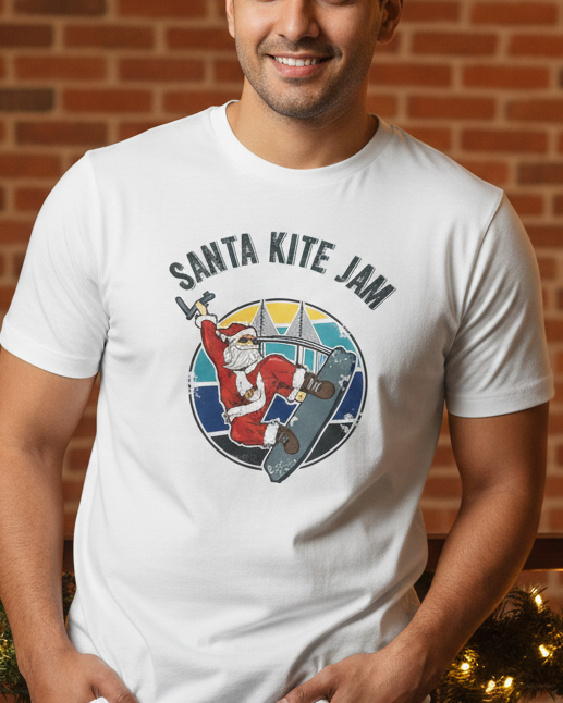 Man wearing a white t-shirt with a colorful graphic design in front of a brick wall.