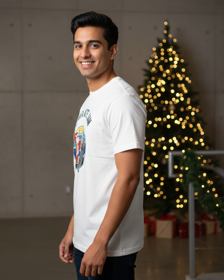 Man wearing a white t-shirt with a colorful graphic design in front of a decorated Christmas tree.