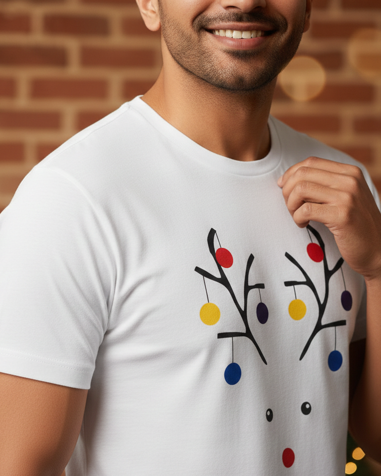 Man wearing a white t-shirt with a colorful reindeer design against a brick wall.